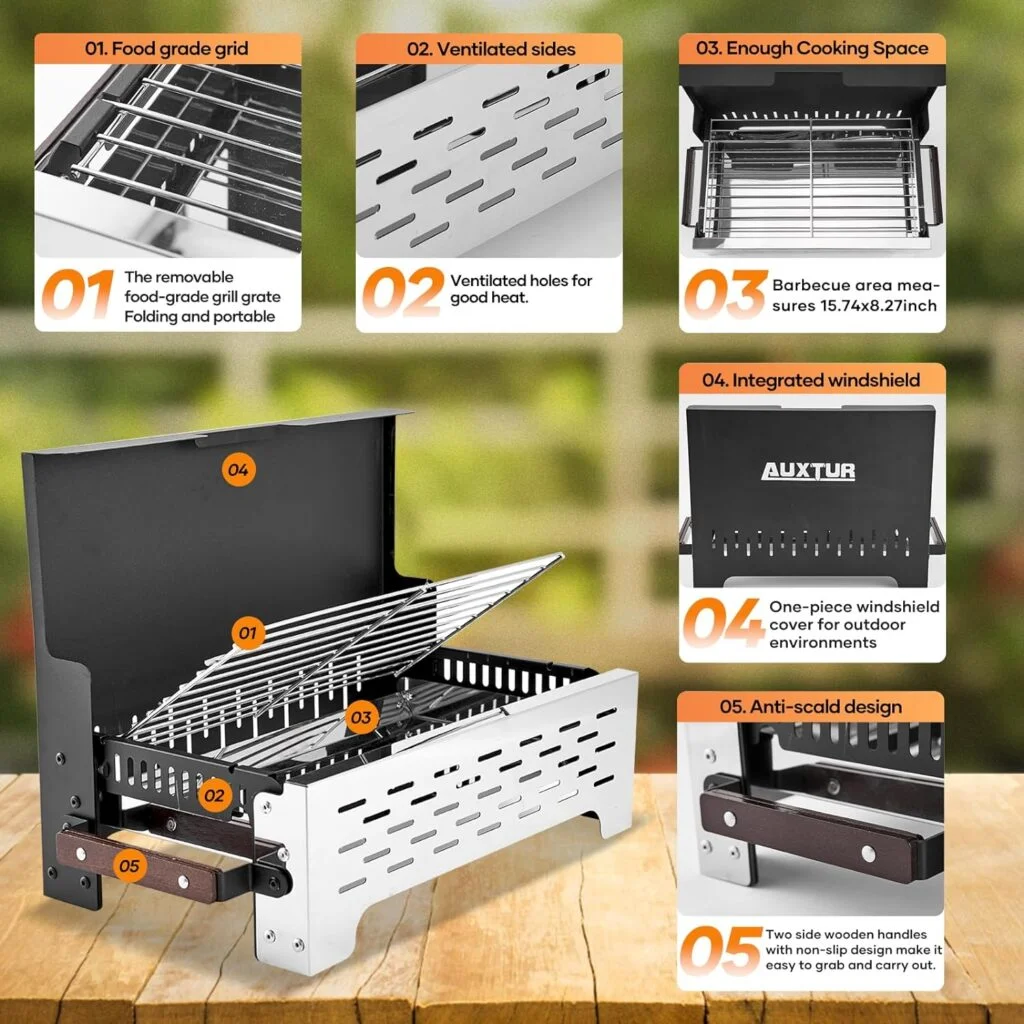 AUXTUR Folding Portable Charcoal Grill, Barbecue Desk Tabletop Outdoor Stainless Steel Smoker BBQ,Portable Lightweight Barbecue Grill Tools for Outdoor Cooking Camping Picnics Beach