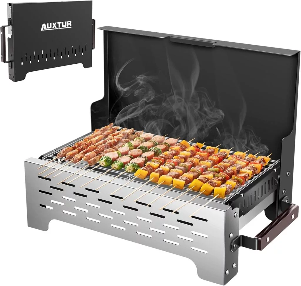 AUXTUR Folding Portable Charcoal Grill, Barbecue Desk Tabletop Outdoor Stainless Steel Smoker BBQ,Portable Lightweight Barbecue Grill Tools for Outdoor Cooking Camping Picnics Beach