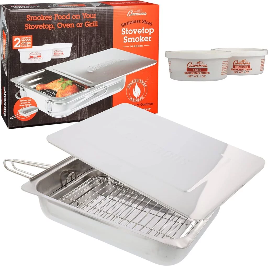 Camerons Large Stovetop Smoker - Stainless Steel BBQ Smoker Box w/Hickory Oak Wood Chips Recipe Guide - Indoor Outdoor Use - Great for Smoking Meats, Veggies Seafood - Barbecue Grilling Gift Camerons Large Stovetop Smoker - Stainless Steel BBQ Smoker Box w/Hickory Oak Wood Chips Recipe Guide - Indoor Outdoor Use - Great for Smoking Meats, Veggies Seafood - Barbecue Grilling Gift