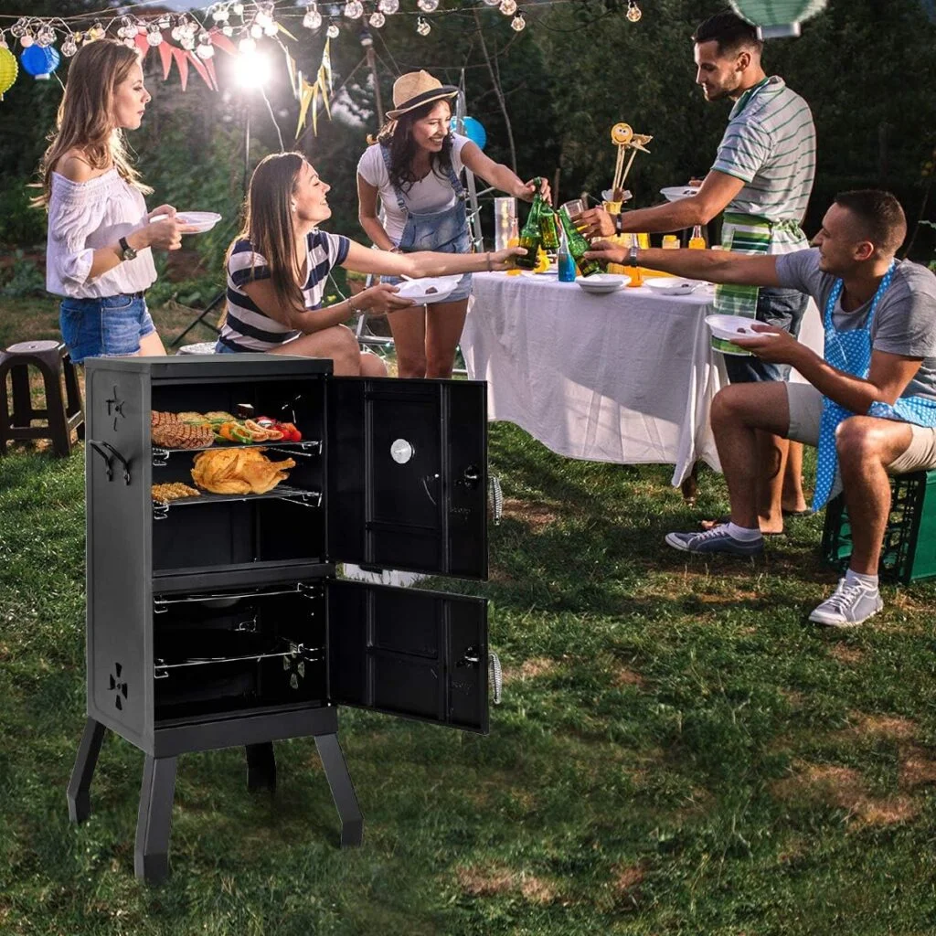Giantex Outdoor Smoker with Double Doors, 2 Detachable Grill Netting Smoking Racks, Charcoal Pan  Water Pan, 4 Air Vents, Thermometer, Vertical Charcoal Smoker for Barbecue Camping Backyard Grill