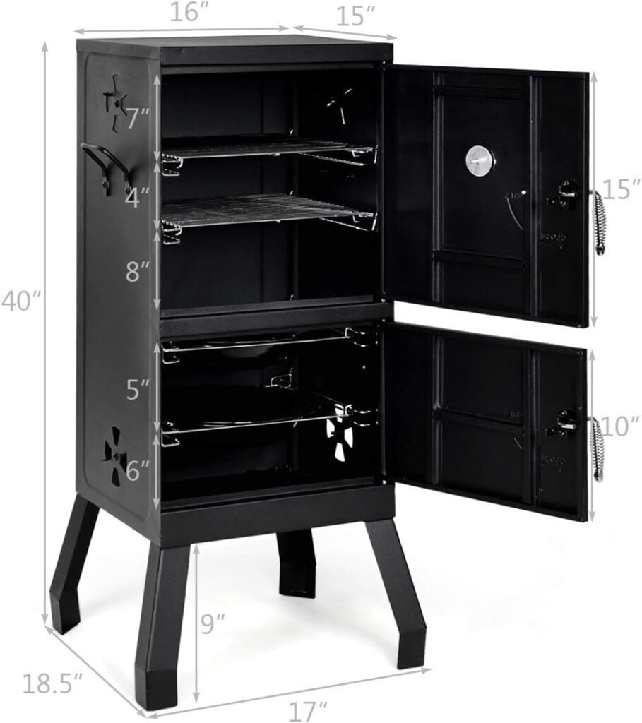 Giantex Outdoor Smoker with Double Doors, 2 Detachable Grill Netting Smoking Racks, Charcoal Pan  Water Pan, 4 Air Vents, Thermometer, Vertical Charcoal Smoker for Barbecue Camping Backyard Grill