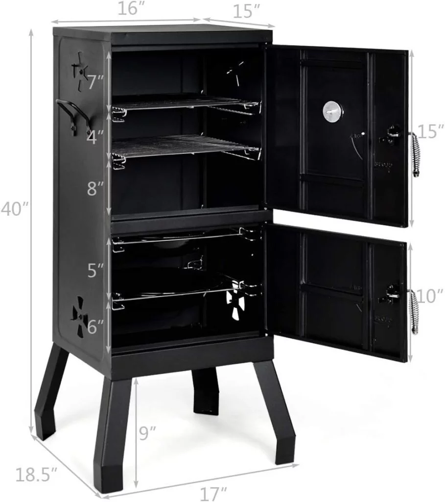 Giantex Outdoor Smoker with Double Doors, 2 Detachable Grill Netting Smoking Racks, Charcoal Pan  Water Pan, 4 Air Vents, Thermometer, Vertical Charcoal Smoker for Barbecue Camping Backyard Grill