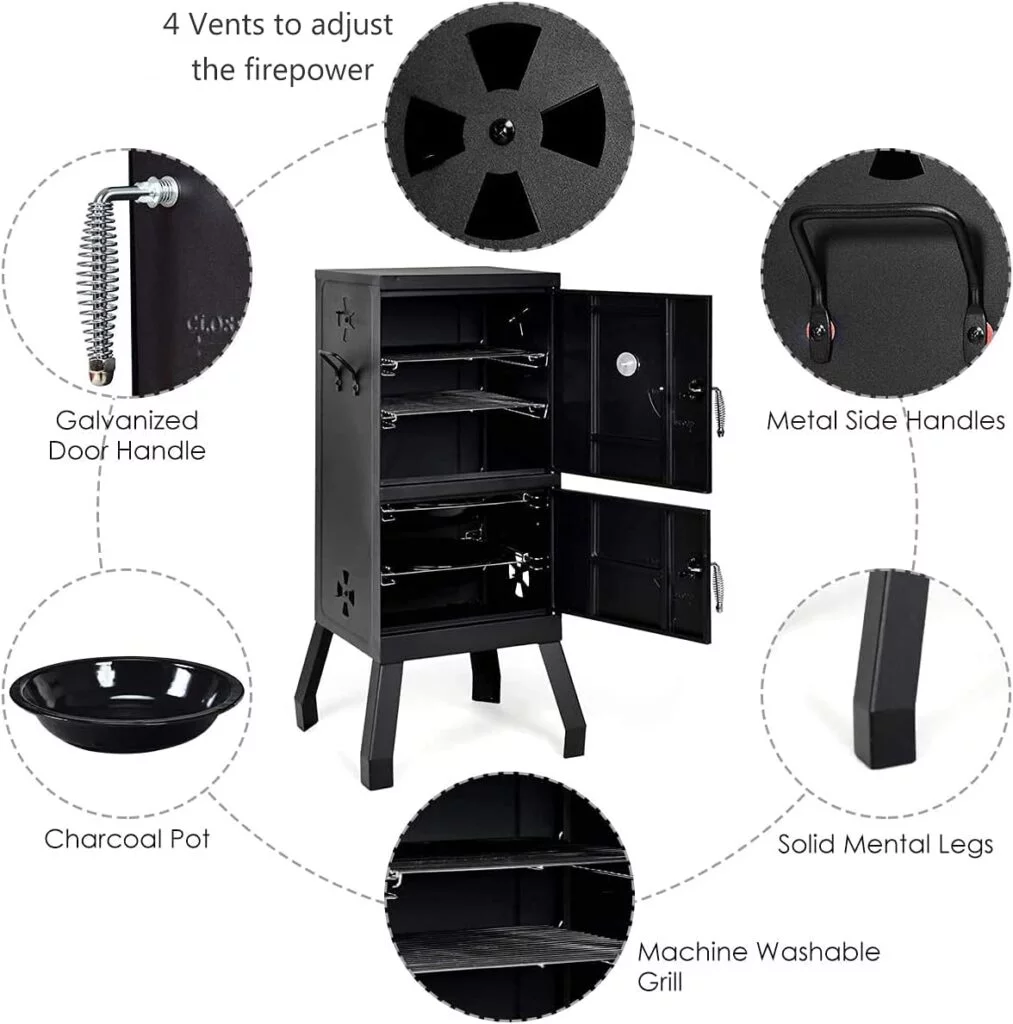 Giantex Outdoor Smoker with Double Doors, 2 Detachable Grill Netting Smoking Racks, Charcoal Pan  Water Pan, 4 Air Vents, Thermometer, Vertical Charcoal Smoker for Barbecue Camping Backyard Grill