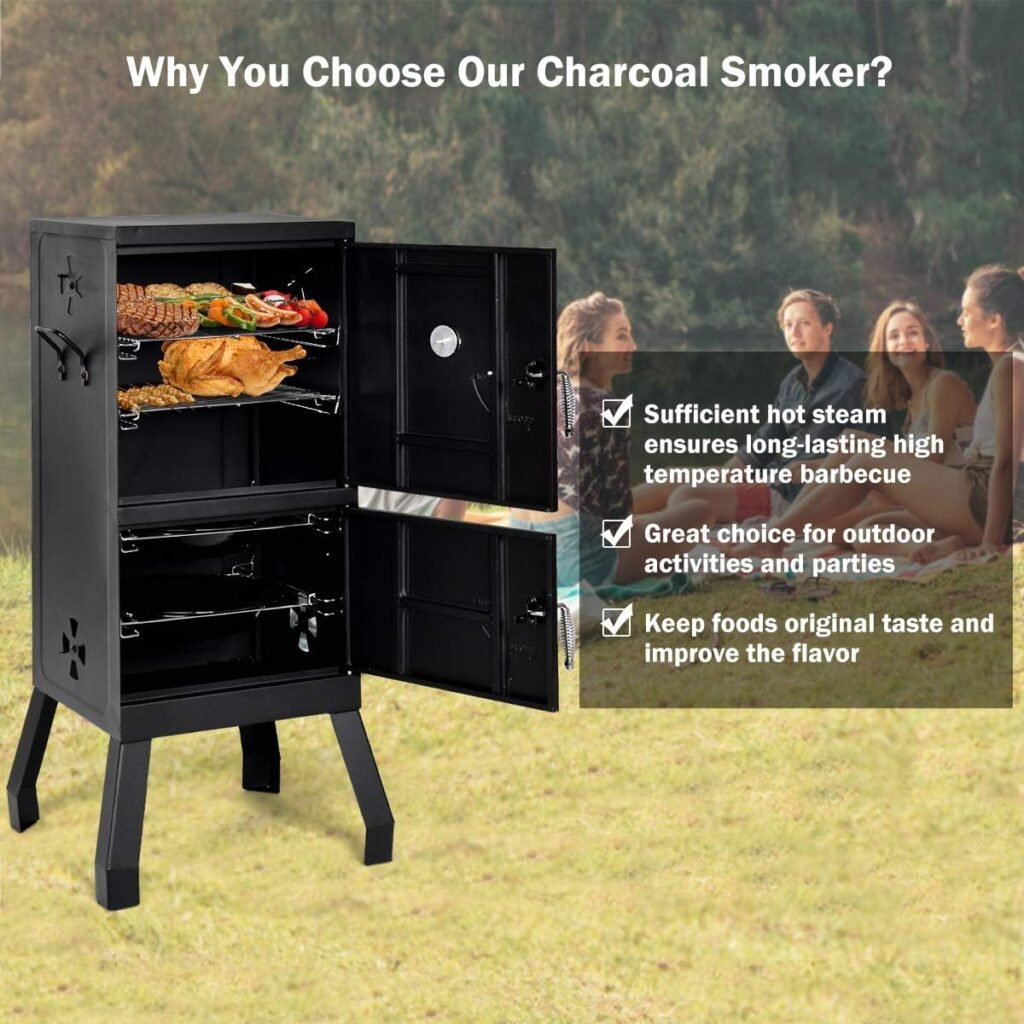 Giantex Outdoor Smoker with Double Doors, 2 Detachable Grill Netting Smoking Racks, Charcoal Pan  Water Pan, 4 Air Vents, Thermometer, Vertical Charcoal Smoker for Barbecue Camping Backyard Grill