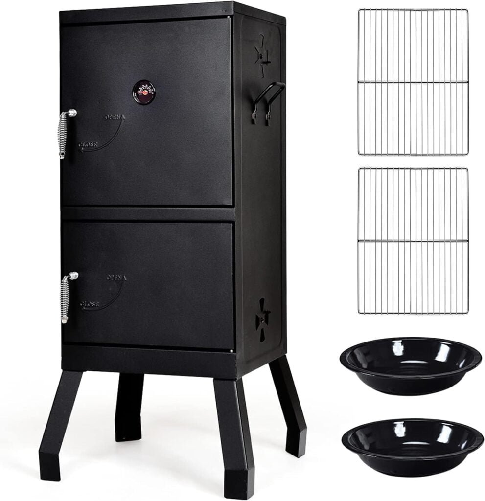 Giantex Outdoor Smoker with Double Doors, 2 Detachable Grill Netting Smoking Racks, Charcoal Pan  Water Pan, 4 Air Vents, Thermometer, Vertical Charcoal Smoker for Barbecue Camping Backyard Grill