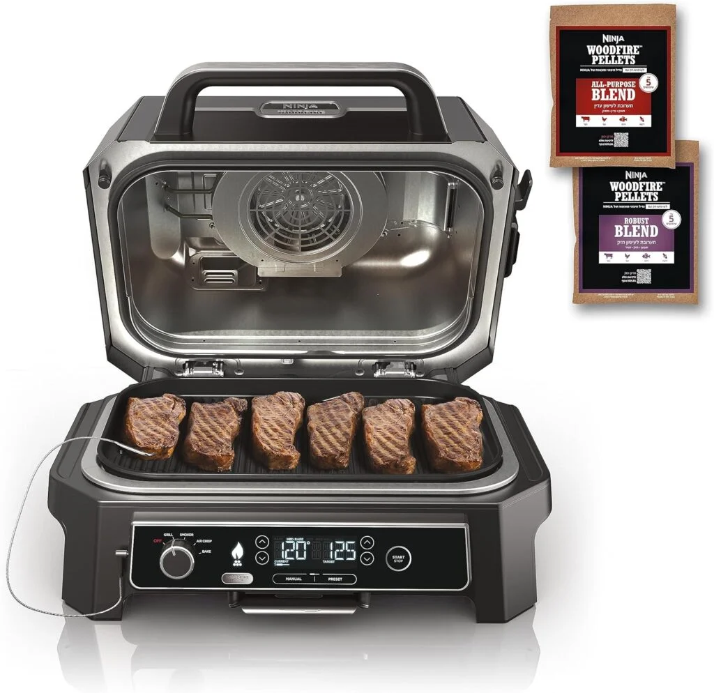 Ninja OG850 Woodfire Pro XL Outdoor Grill Smoker with Built-In Thermometer, 4-in-1 Master Grill, BBQ Smoker, Outdoor Air Fryer, Bake, Portable, Electric, Blue Ninja OG850 Woodfire Pro XL Outdoor Grill Smoker with Built-In Thermometer, 4-in-1 Master Grill, BBQ Smoker, Outdoor Air Fryer, Bake, Portable, Electric, Blue