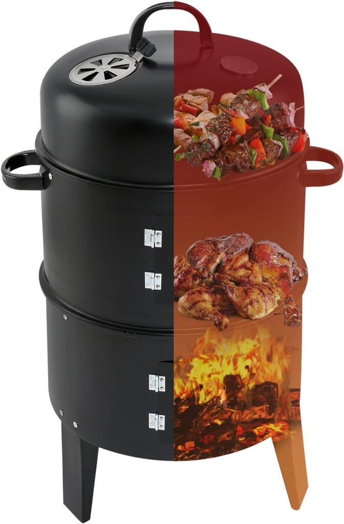 32 Charcoal Smoker BBQ Grill, 3IN1 Outdoor Vertical Smoke Portable Meat Cooker, Black