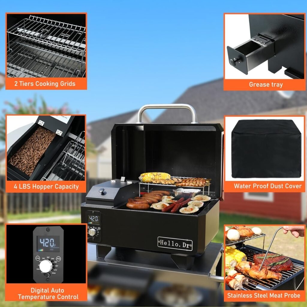 Hello.Dr Portable Wood Pellet Grill and Smoker,Electric Outdoor 8 in 1 Tabletop Grills for RV Camping Tailgating RV Cooking BBQ, Intelligent Temperature Control and Superheated Steam Technology
