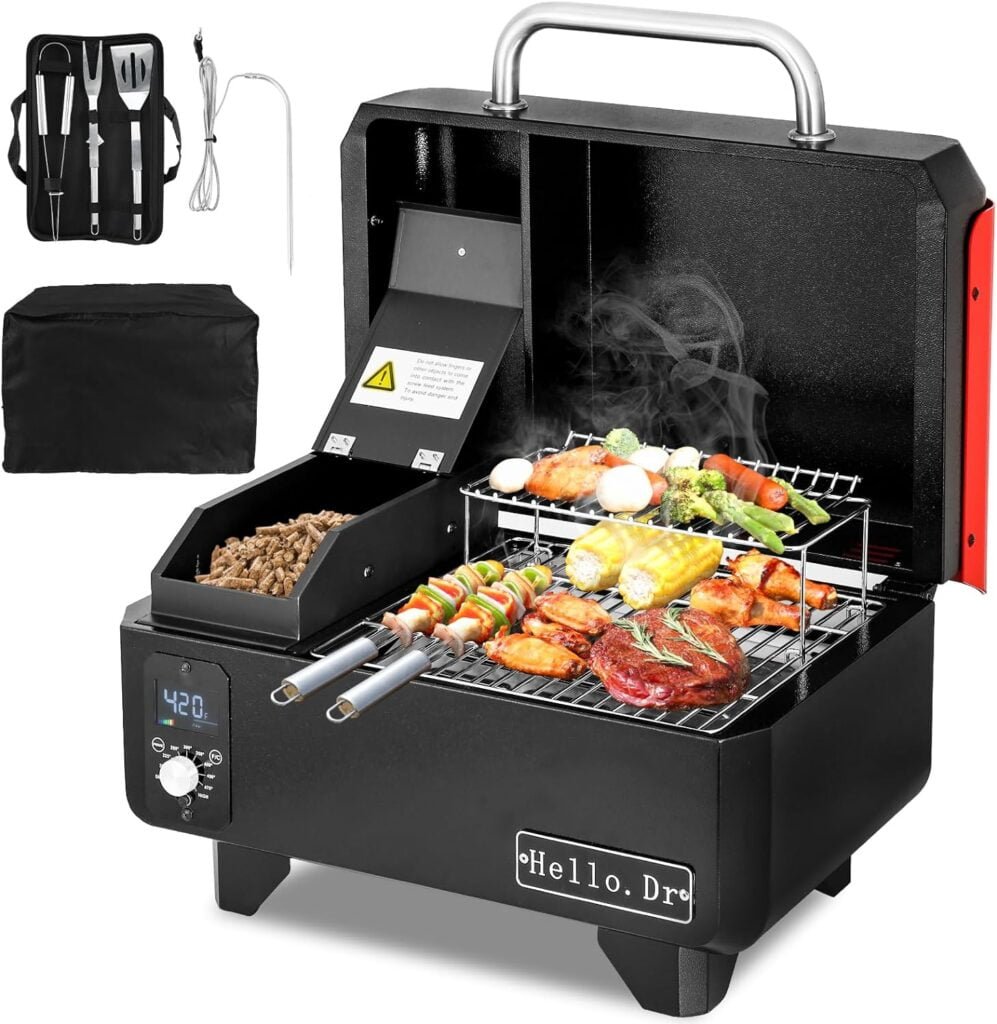 Hello.Dr Portable Wood Pellet Grill and Smoker,Electric Outdoor 8 in 1 Tabletop Grills for RV Camping Tailgating RV Cooking BBQ, Intelligent Temperature Control and Superheated Steam Technology