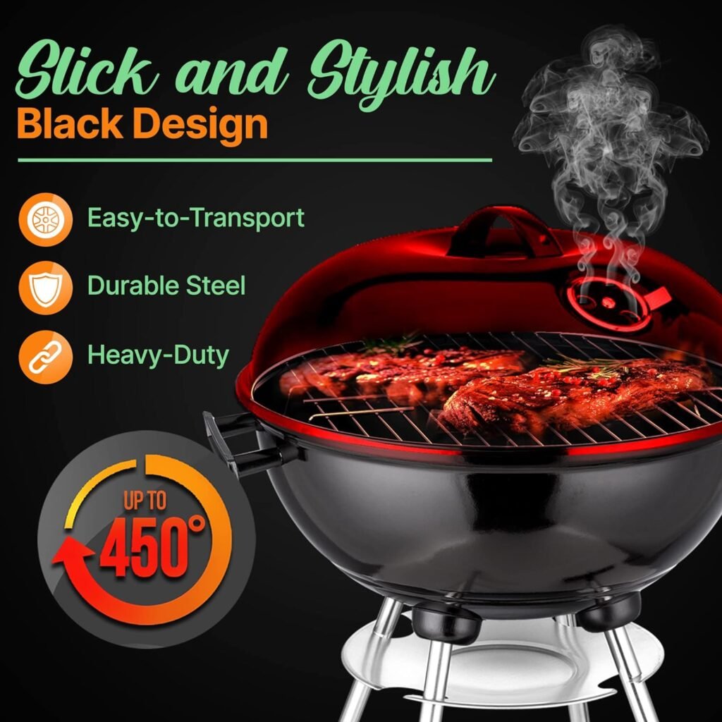 Jovial Portable Outdoor Charcoal BBQ Grill,Stainless Steel Charcoal Grill Offset Smoker with Ash Catcher and Red Cover,Multi-functional ideal for Bake. Braise,Smoke,Roast,and Grill