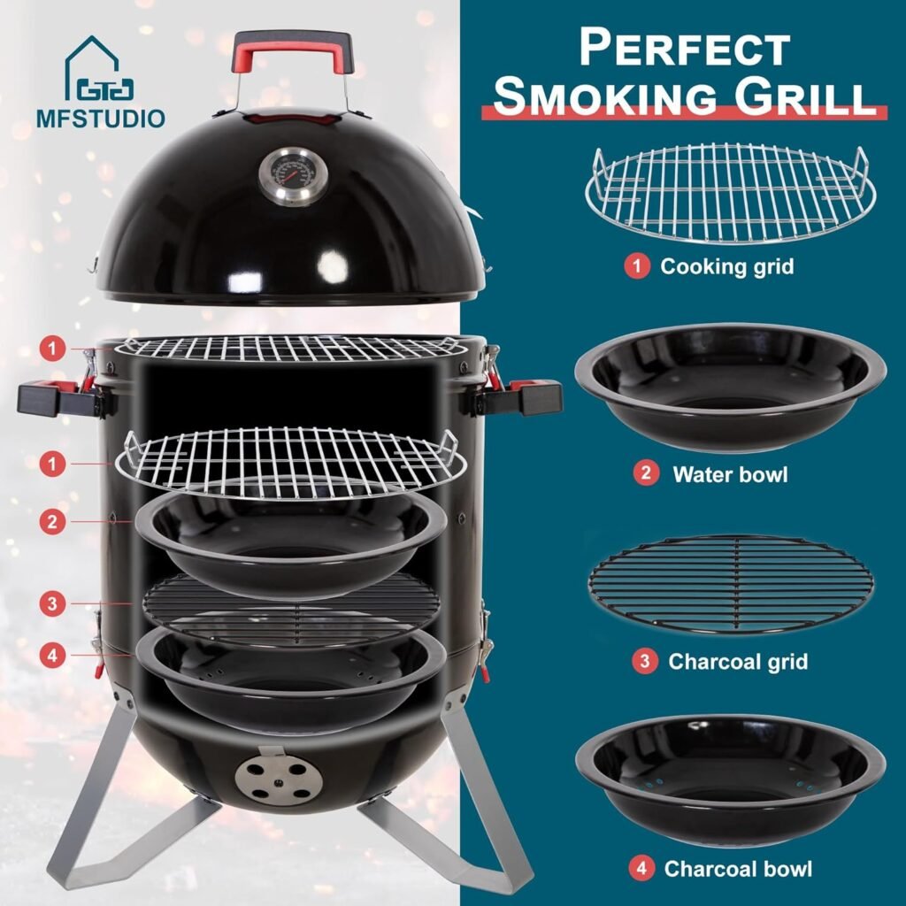 MFSTUDIO 18 Vertical Smoker and BBQ Grill, Pure Porcelain-Enameled Smokey Mountain Cooker, Heavy Duty Charcoal  Woods Outdoor Grill for Smoker, Black