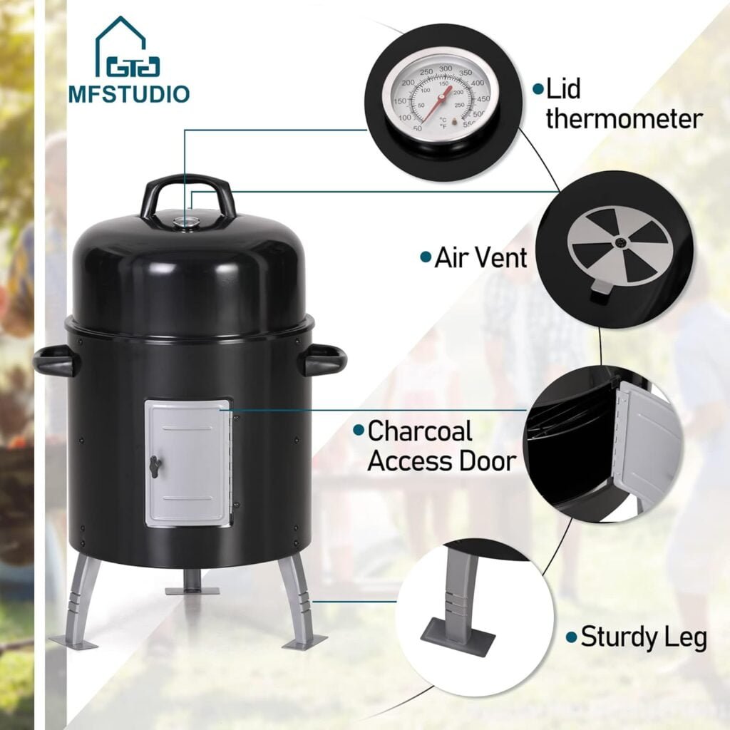 MFSTUDIO 18 Vertical Smoker and BBQ Grill, Pure Porcelain-Enameled Smokey Mountain Cooker, Heavy Duty Charcoal  Woods Outdoor Grill for Smoker, Black