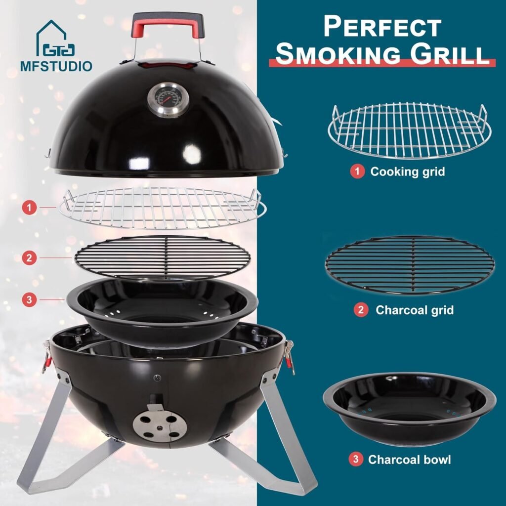 MFSTUDIO 18 Vertical Smoker and BBQ Grill, Pure Porcelain-Enameled Smokey Mountain Cooker, Heavy Duty Charcoal  Woods Outdoor Grill for Smoker, Black