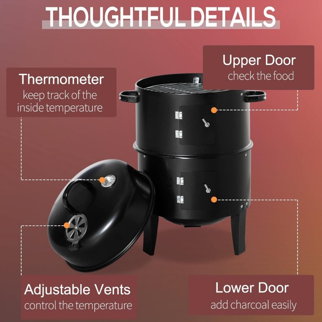 Outsunny Vertical Charcoal BBQ Smoker, 3-in-1 16 Round Charcoal Barbecue Grill with 2 Cooking Area, and Thermometer for Outdoor Camping Picnic Backyard Cooking, Black
