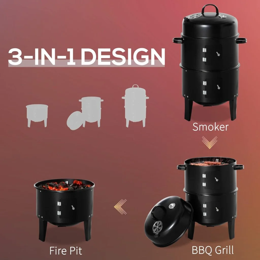 Outsunny Vertical Charcoal BBQ Smoker, 3-in-1 16 Round Charcoal Barbecue Grill with 2 Cooking Area, and Thermometer for Outdoor Camping Picnic Backyard Cooking, Black Outsunny Vertical Charcoal BBQ Smoker, 3-in-1 16 Round Charcoal Barbecue Grill with 2 Cooking Area, and Thermometer for Outdoor Camping Picnic Backyard Cooking, Black