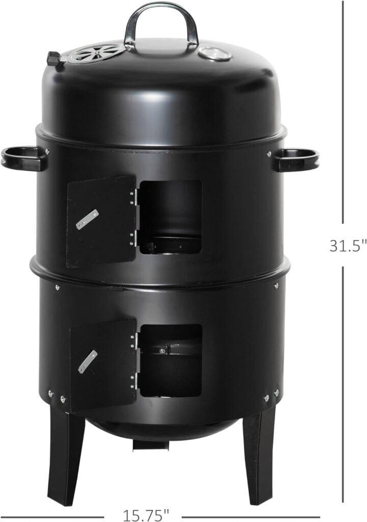 Outsunny Vertical Charcoal BBQ Smoker, 3-in-1 16 Round Charcoal Barbecue Grill with 2 Cooking Area, and Thermometer for Outdoor Camping Picnic Backyard Cooking, Black