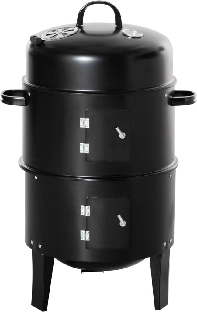 Outsunny Vertical Charcoal BBQ Smoker, 3-in-1 16 Round Charcoal Barbecue Grill with 2 Cooking Area, and Thermometer for Outdoor Camping Picnic Backyard Cooking, Black