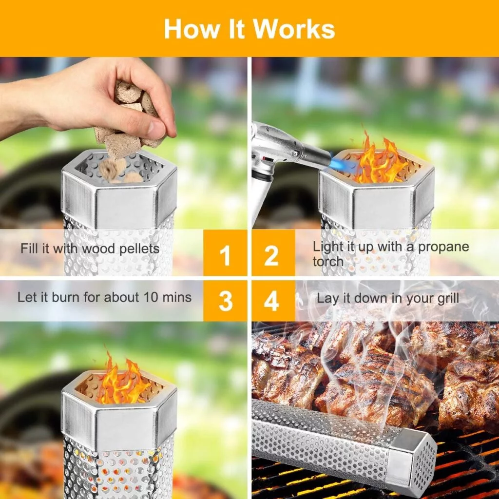 Pellet Smoker Tube, 12 Smoker Tube with Brush, Premium Stainless Steel BBQ Wood Pellet Tube Smoker, 5 Hours of Billowing Smoke Tube Smoker for All Grill, Smoker, Cold/Hot Smoking Pellet Smoker Tube, 12 Smoker Tube with Brush, Premium Stainless Steel BBQ Wood Pellet Tube Smoker, 5 Hours of Billowing Smoke Tube Smoker for All Grill, Smoker, Cold/Hot Smoking