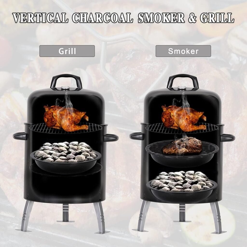 Sophia  William 17 Vertical Charcoal Smoker Grills with Two-Tier Grates, Heavy-Duty Integral Chamber and Tunnel Ventilation System for BBQ, Patio, Outdoor Camping(Black)