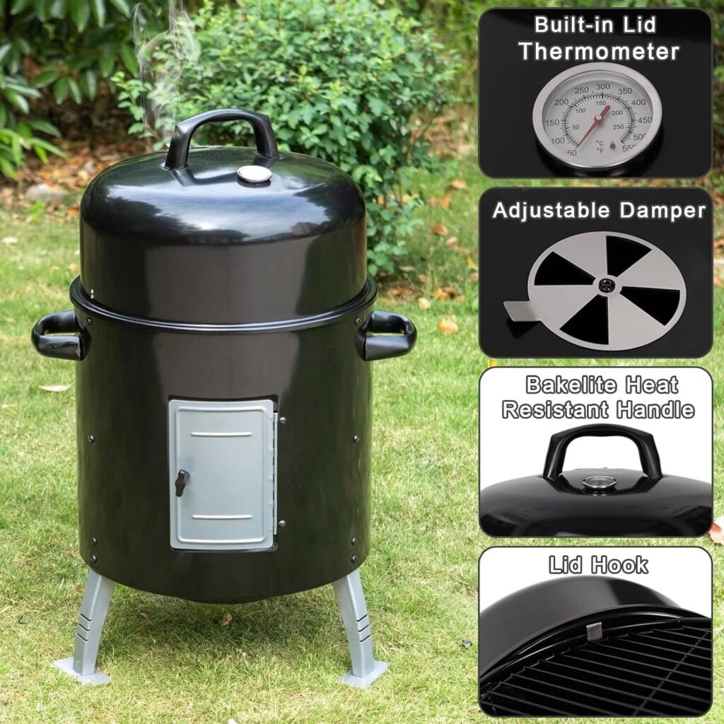 Sophia  William 17 Vertical Charcoal Smoker Grills with Two-Tier Grates, Heavy-Duty Integral Chamber and Tunnel Ventilation System for BBQ, Patio, Outdoor Camping(Black)