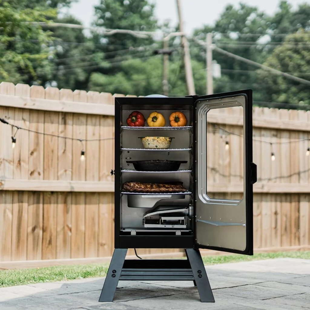 Masterbuilt® 30-inch Digital Electric Vertical BBQ Smoker with 710 Square Cooking Square Inches, Leg Kit, Side Wood Chip Loader, Digital Control Board in Black, Model MB20070421