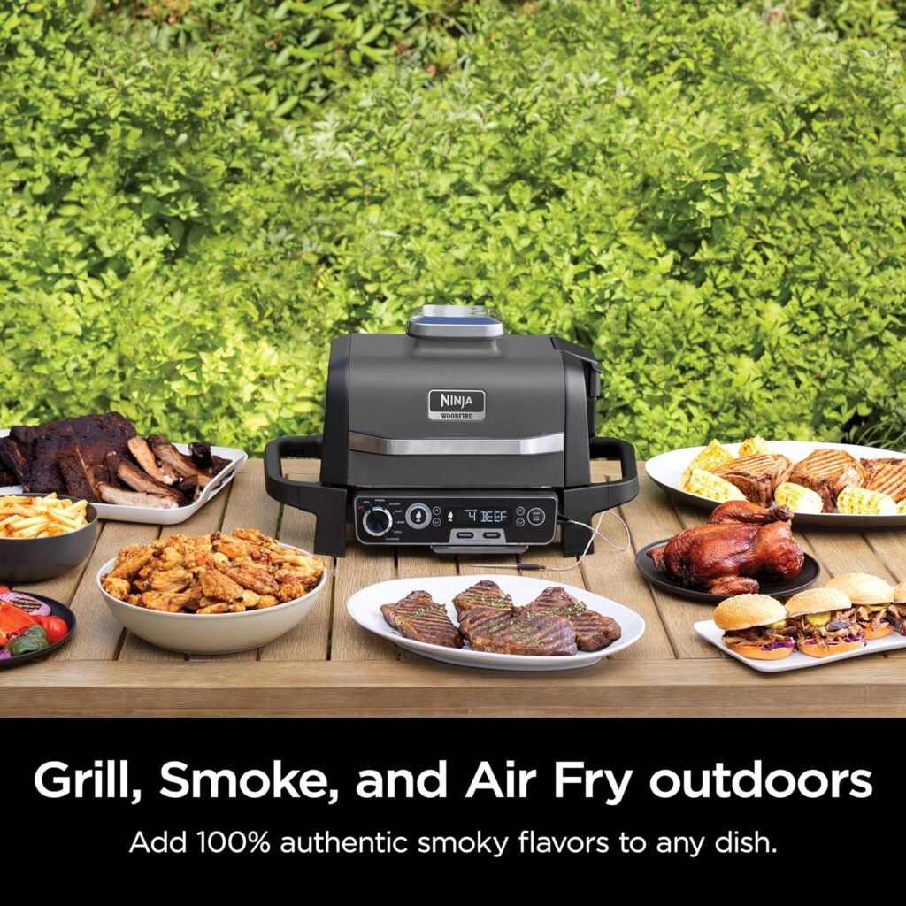 Ninja Woodfire Pro 7-in-1 Grill Smoker with Thermometer, Air Fryer, BBQ, Bake, Roast, Broil - Portable Electric Outdoor Grill, Grey Ninja Woodfire Pro 7-in-1 Grill Smoker with Thermometer, Air Fryer, BBQ, Bake, Roast, Broil - Portable Electric Outdoor Grill, Grey