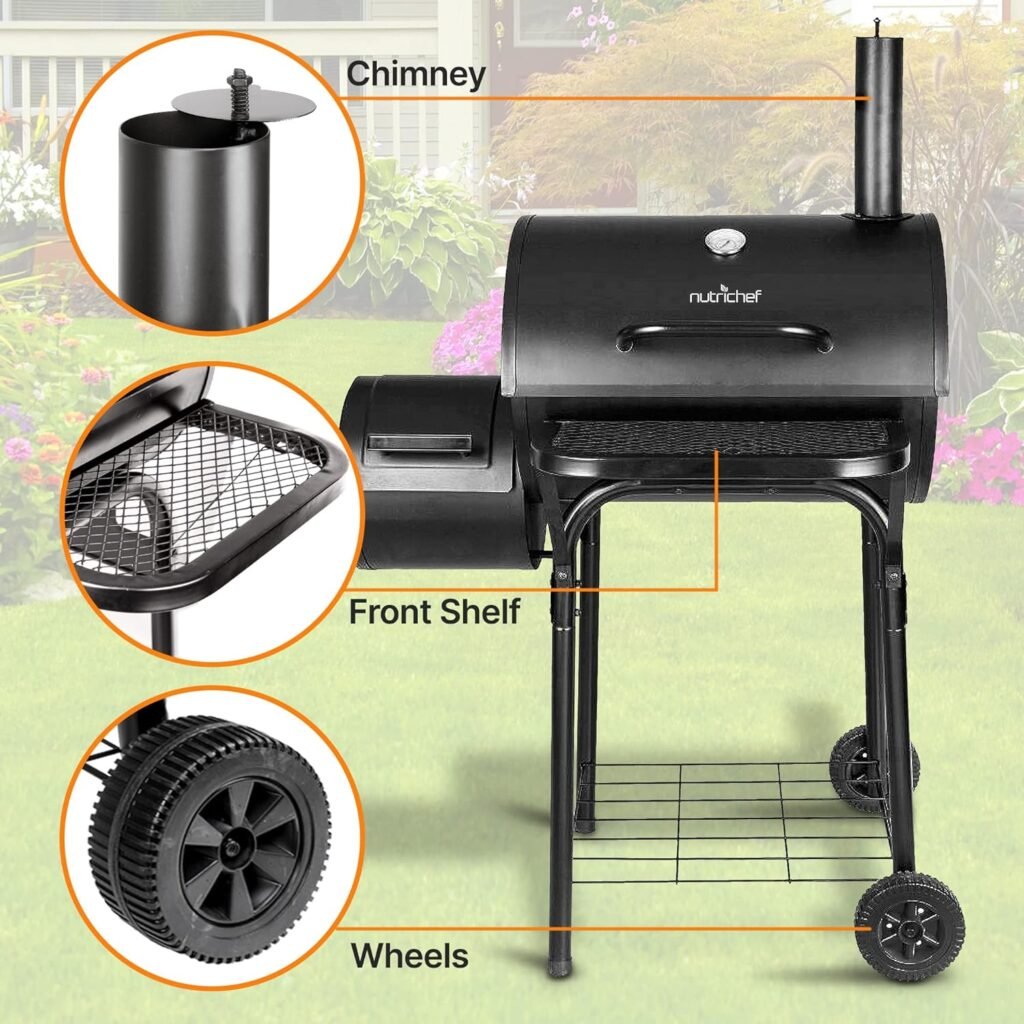 NutriChef Charcoal Grill Offset Smoker with Cover, Portable Stainless Steel Grill, Outdoor Camping BBQ and Barrel Smoker (Black) NutriChef Charcoal Grill Offset Smoker with Cover, Portable Stainless Steel Grill, Outdoor Camping BBQ and Barrel Smoker (Black)