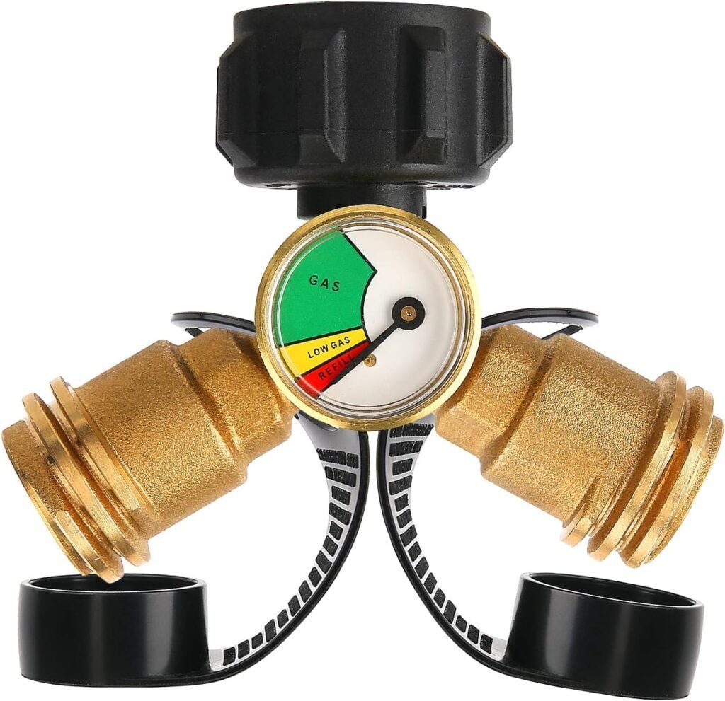Solimeta Dual Propane Tank Connection, Propane Tank Y Splitter Adapter with Gauge, Level Indicator, Gas Pressure Meter for RV Camper, Cylinder, BBQ Gas Grill