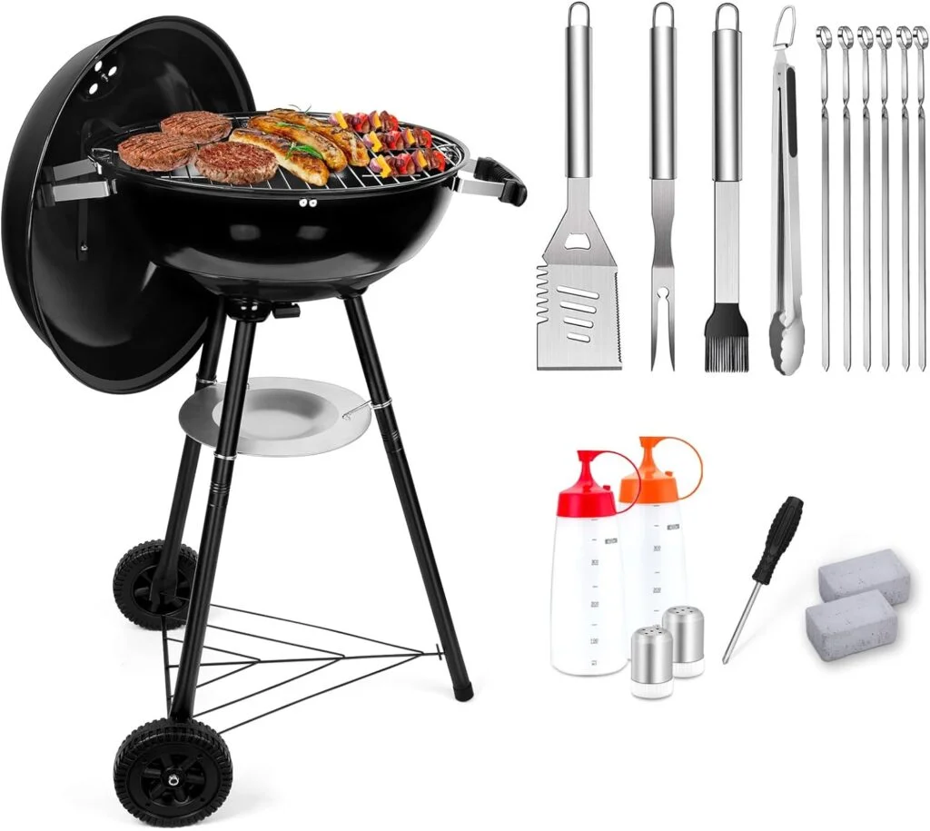 18 Inch Kettle Charcoal Grill, Joyfair Outdoor Barbecue Grill for Camping/Backyard/Tabletop Cooking, Portable Round Smoker with Wheels, Porcelain-Enameled Lid Fire Bowl, Dual Venting System, Black 18 Inch Kettle Charcoal Grill, Joyfair Outdoor Barbecue Grill for Camping/Backyard/Tabletop Cooking, Portable Round Smoker with Wheels, Porcelain-Enameled Lid Fire Bowl, Dual Venting System, Black