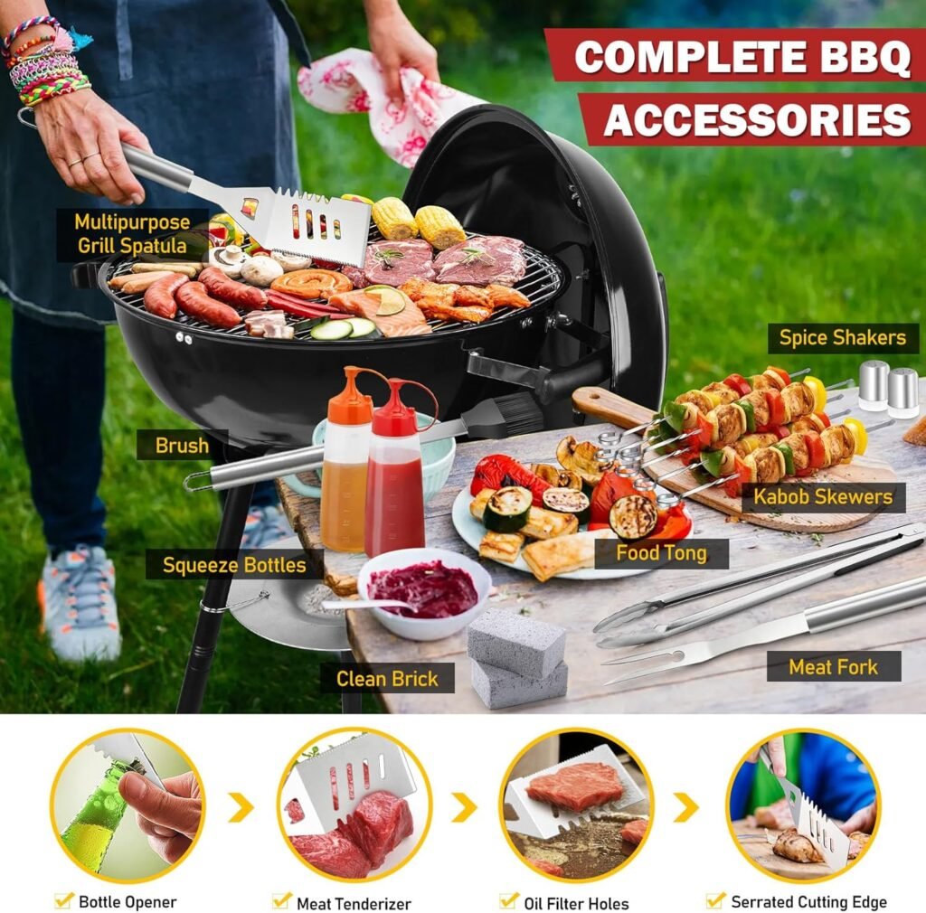 18 Inch Kettle Charcoal Grill, Joyfair Outdoor Barbecue Grill for Camping/Backyard/Tabletop Cooking, Portable Round Smoker with Wheels, Porcelain-Enameled Lid Fire Bowl, Dual Venting System, Black 18 Inch Kettle Charcoal Grill, Joyfair Outdoor Barbecue Grill for Camping/Backyard/Tabletop Cooking, Portable Round Smoker with Wheels, Porcelain-Enameled Lid Fire Bowl, Dual Venting System, Black