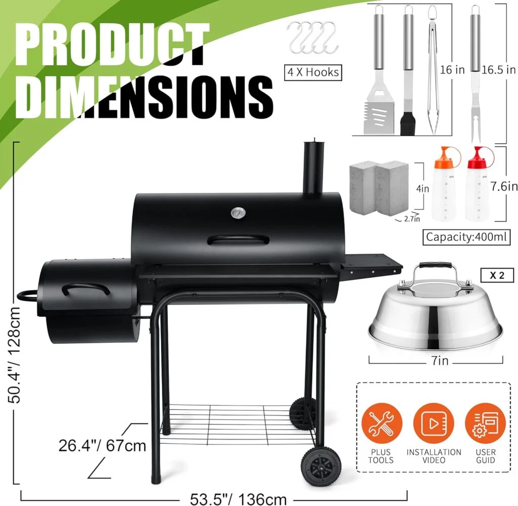 Charcoal Grill with Smoker, Leonyo Outdoor Charcoal Grill with Offset Smoker, Barbecue Outdoor Camping Charcoal Grills Smokers with Grill Cover, Barrel BBQ Grill for Backyard Party Cooking, Black Charcoal Grill with Smoker, Leonyo Outdoor Charcoal Grill with Offset Smoker, Barbecue Outdoor Camping Charcoal Grills Smokers with Grill Cover, Barrel BBQ Grill for Backyard Party Cooking, Black