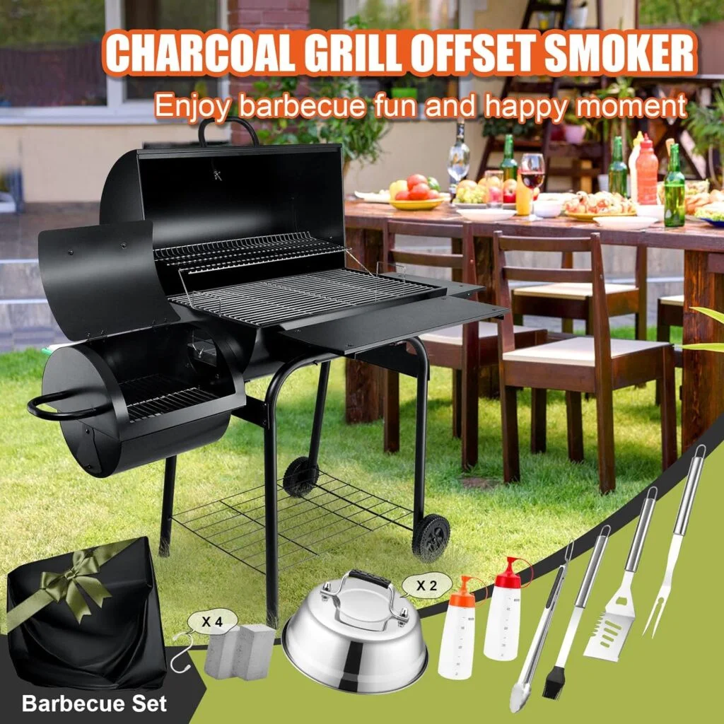 Charcoal Grill with Smoker, Leonyo Outdoor Charcoal Grill with Offset Smoker, Barbecue Outdoor Camping Charcoal Grills Smokers with Grill Cover, Barrel BBQ Grill for Backyard Party Cooking, Black Charcoal Grill with Smoker, Leonyo Outdoor Charcoal Grill with Offset Smoker, Barbecue Outdoor Camping Charcoal Grills Smokers with Grill Cover, Barrel BBQ Grill for Backyard Party Cooking, Black