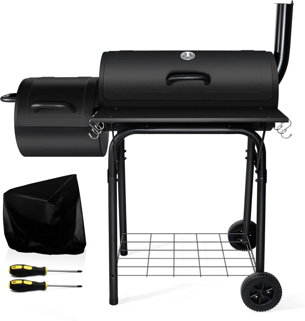 Charcoal Grill with Smoker, Leonyo Outdoor Charcoal Grill with Offset Smoker, Barbecue Outdoor Camping Charcoal Grills Smokers with Grill Cover, Barrel BBQ Grill for Backyard Party Cooking, Black Charcoal Grill with Smoker, Leonyo Outdoor Charcoal Grill with Offset Smoker, Barbecue Outdoor Camping Charcoal Grills Smokers with Grill Cover, Barrel BBQ Grill for Backyard Party Cooking, Black