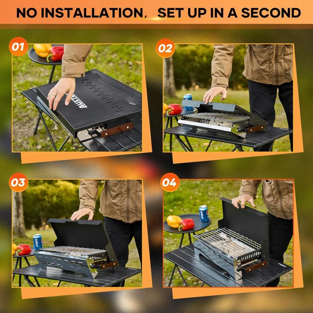Folding Portable Charcoal Grill, Barbecue Desk Tabletop Outdoor Stainless Steel Smoker BBQ,Portable Lightweight Barbecue Grill Tools for Outdoor Cooking Camping Picnics Beach