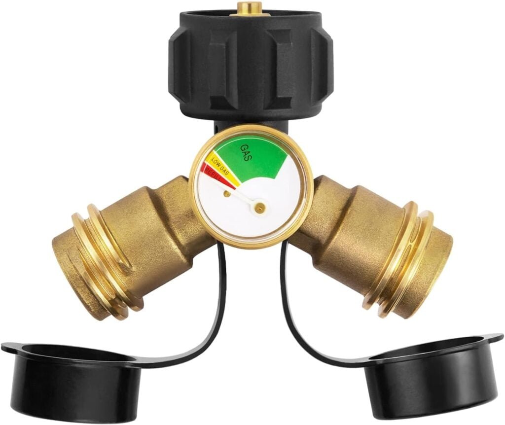 GASPRO Propane Splitter with Gauge, Propane Tank Splitter 2 Way for 5-40LB, Perfect for Heaters, Camping Stoves, BBQ Grills, Gas Burners and More GASPRO Propane Splitter with Gauge, Propane Tank Splitter 2 Way for 5-40LB, Perfect for Heaters, Camping Stoves, BBQ Grills, Gas Burners and More