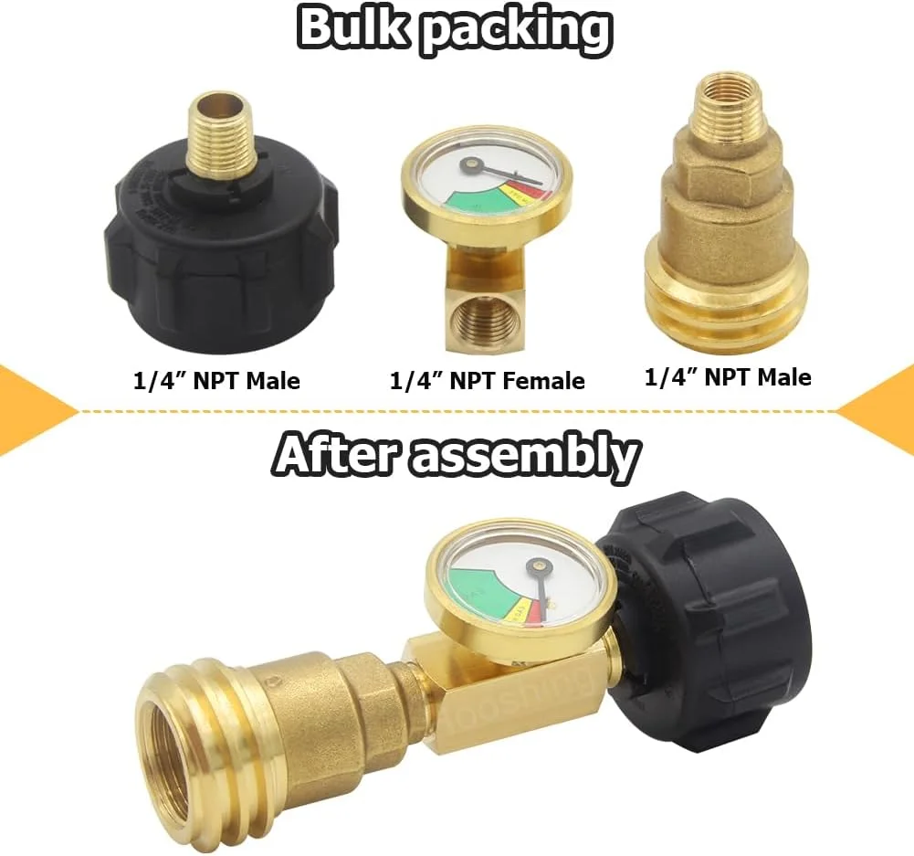 Hooshing Propane Tank Gauge Level Indicator Leak Detector for 5lb-40lb Propane Tanks Gas Pressure Meter Propane Adapter Fittings QCC1/Type 1 for RV Camper, Cylinder, BBQ Gas Grill, Heater Appliances