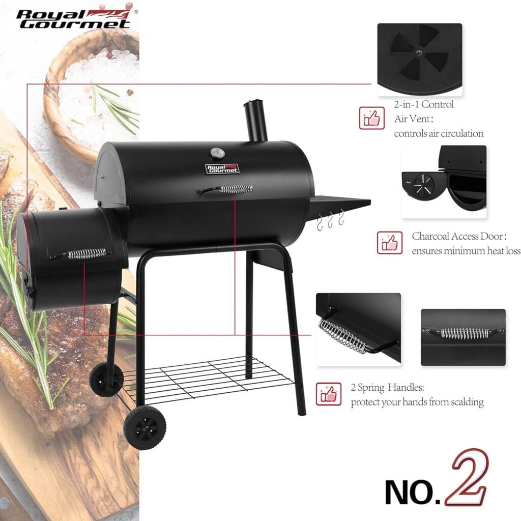 Royal Gourmet CC1830RC 30 Barrel Charcoal Grill with Offset, 811 Square Inches Smoker with Cover for Outdoor Garden, Patio, and Backyard Cooking, Black