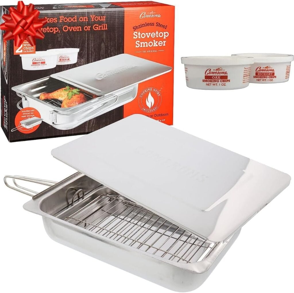 Camerons Large Stovetop Smoker - Stainless Steel BBQ Smoker Box w/Hickory Oak Wood Chips Recipe Guide - Indoor Outdoor Use for Smoking Meats, Veggies Seafood - Grilling Gift for Fathers Day Camerons Large Stovetop Smoker - Stainless Steel BBQ Smoker Box w/Hickory Oak Wood Chips Recipe Guide - Indoor Outdoor Use for Smoking Meats, Veggies Seafood - Grilling Gift for Fathers Day