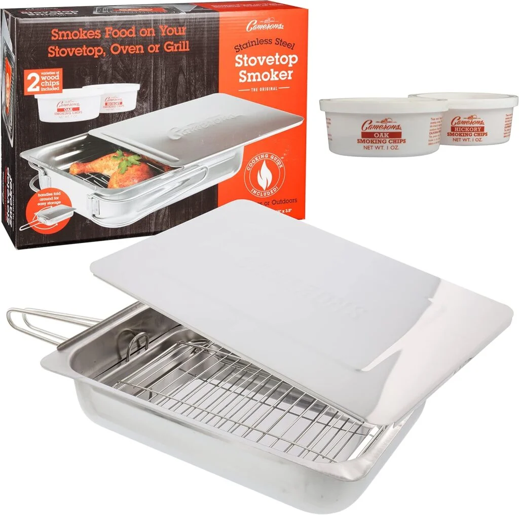 Camerons Large Stovetop Smoker - Stainless Steel BBQ Smoker Box w/Hickory  Oak Wood Chips  Recipe Guide - Indoor Outdoor Use for Smoking Meats, Veggies  Seafood - Grilling Gift for Fathers Day