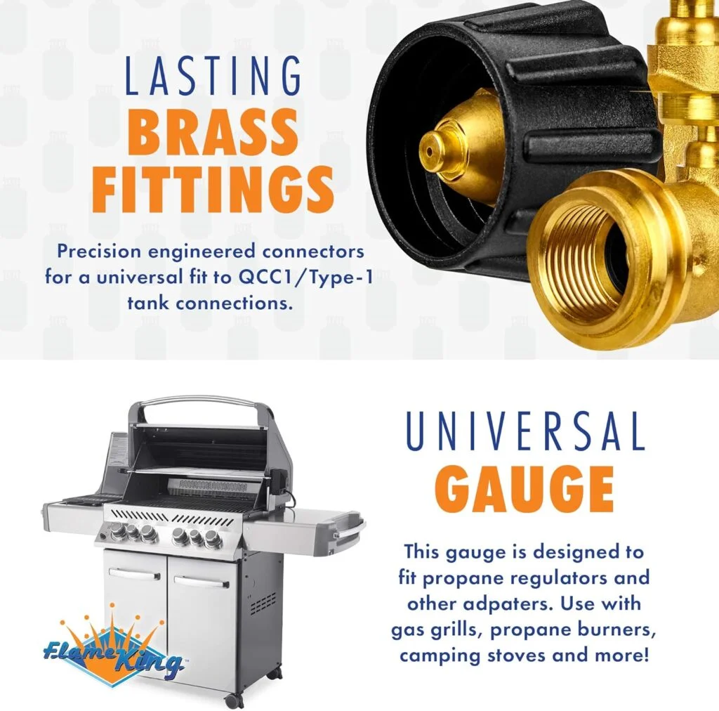 Flame King Propane Tank Gauge Level Indicator, Leak Detector Gas Pressure Meter, Color Coded Glows in The Dark, Universal for All Cylinders, Solid Brass (2-Pack) Flame King Propane Tank Gauge Level Indicator, Leak Detector Gas Pressure Meter, Color Coded Glows in The Dark, Universal for All Cylinders, Solid Brass (2-Pack)