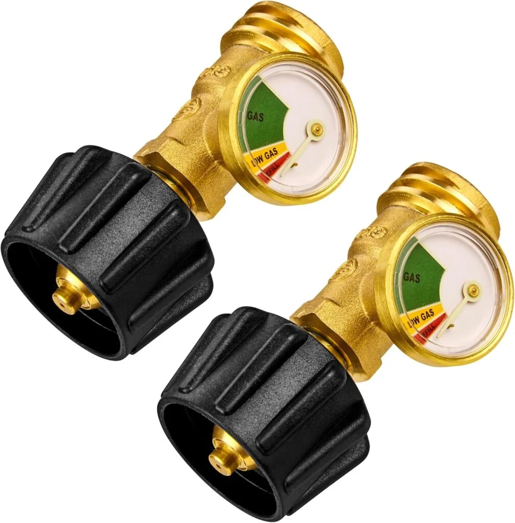 Flame King Propane Tank Gauge Level Indicator, Leak Detector Gas Pressure Meter, Color Coded Glows in The Dark, Universal for All Cylinders, Solid Brass (2-Pack) Flame King Propane Tank Gauge Level Indicator, Leak Detector Gas Pressure Meter, Color Coded Glows in The Dark, Universal for All Cylinders, Solid Brass (2-Pack)