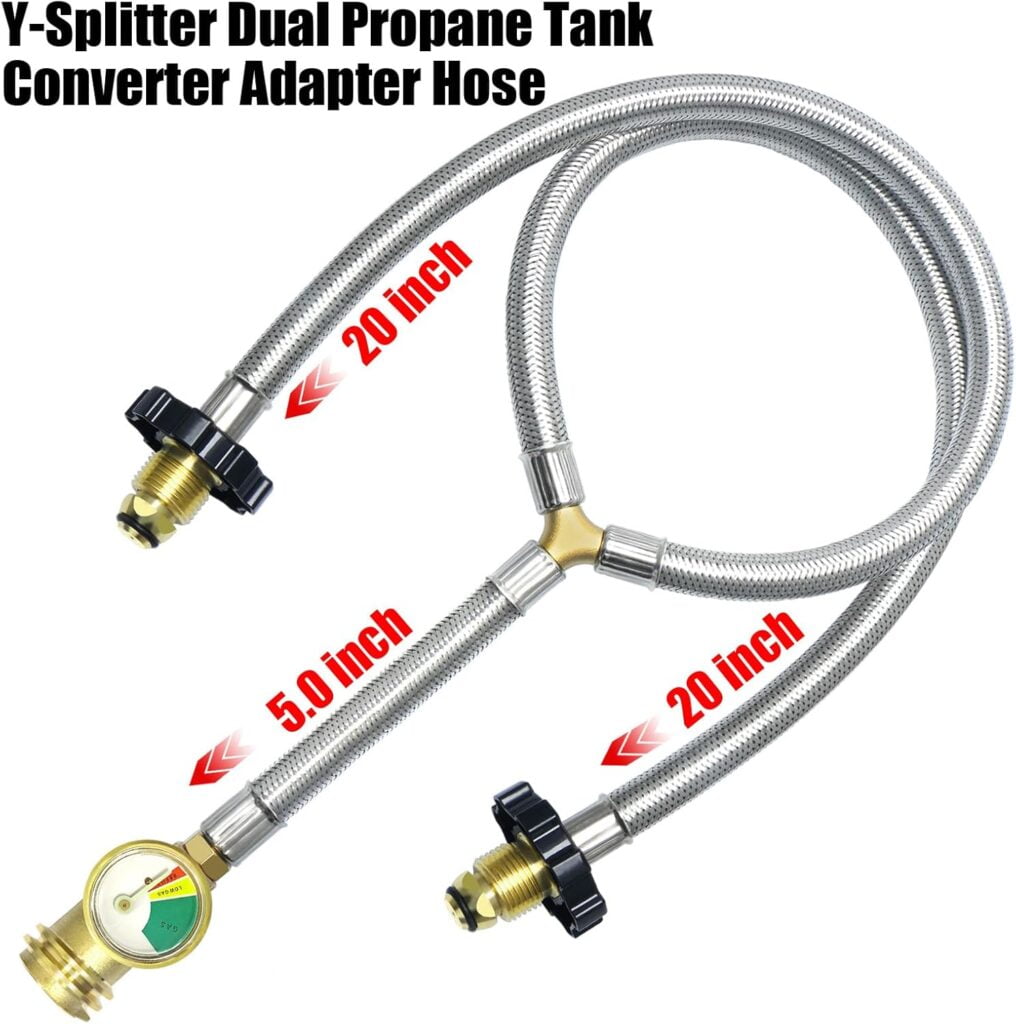 Upgrade Stainless Braided Y-Splitter Dual Propane Tank Converter Adapter Hose with Gauge,2 Way Propane Splitter POL InletPOL/QCC1 Regulator Exit Connect 5-100LBS Cylinder Tank for Grill, Heater Upgrade Stainless Braided Y-Splitter Dual Propane Tank Converter Adapter Hose with Gauge,2 Way Propane Splitter POL InletPOL/QCC1 Regulator Exit Connect 5-100LBS Cylinder Tank for Grill, Heater