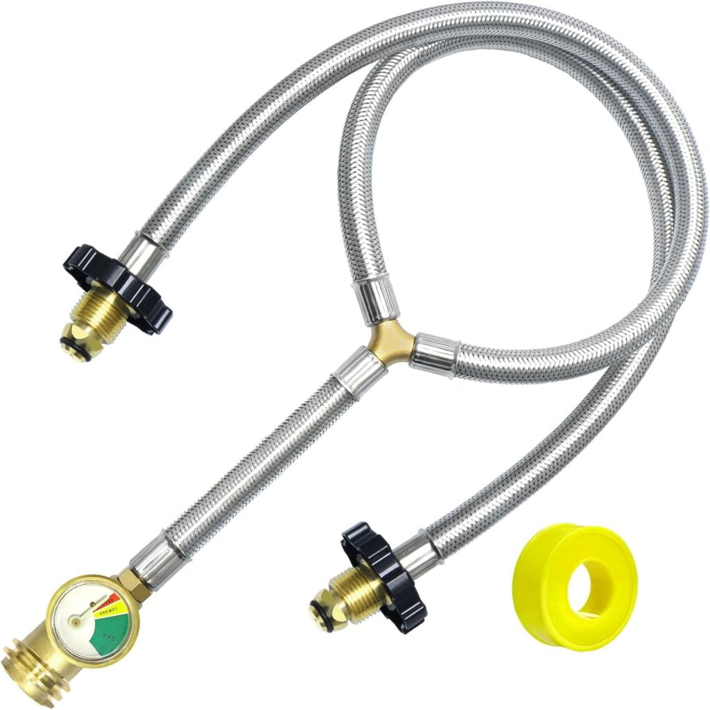 Upgrade Stainless Braided Y-Splitter Dual Propane Tank Converter Adapter Hose with Gauge,2 Way Propane Splitter POL InletPOL/QCC1 Regulator Exit Connect 5-100LBS Cylinder Tank for Grill, Heater Upgrade Stainless Braided Y-Splitter Dual Propane Tank Converter Adapter Hose with Gauge,2 Way Propane Splitter POL InletPOL/QCC1 Regulator Exit Connect 5-100LBS Cylinder Tank for Grill, Heater