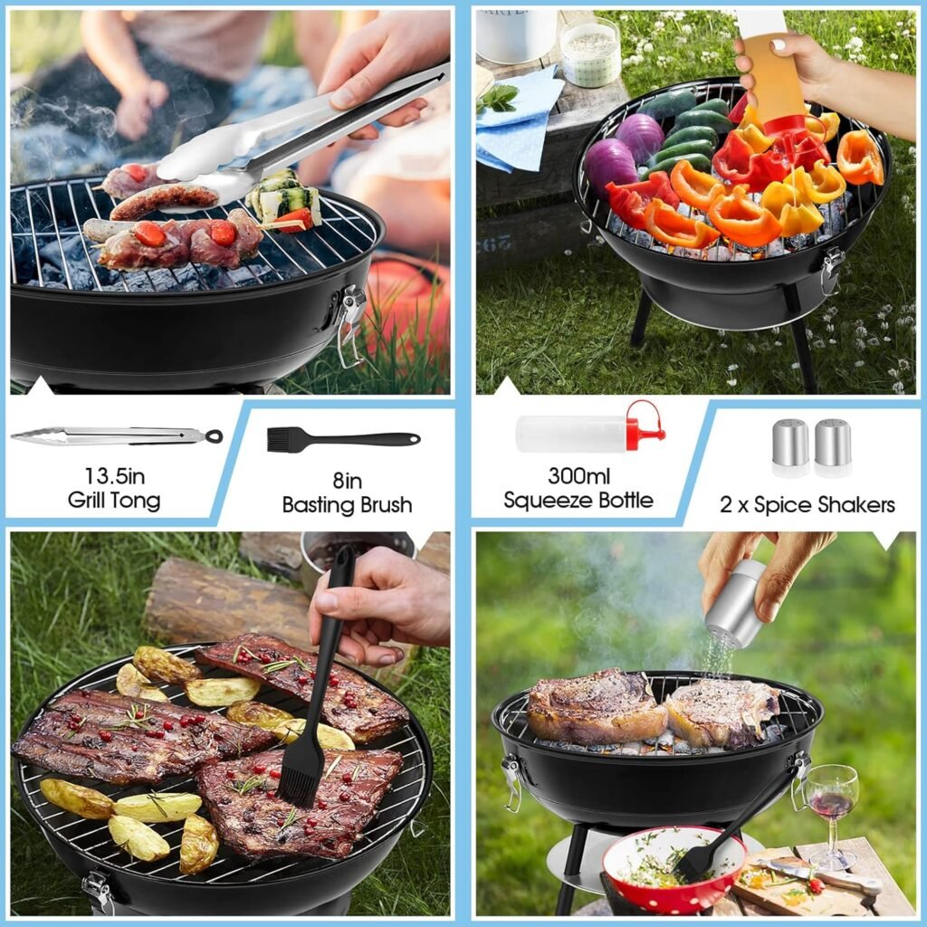 14 Inch Charcoal Grill, HaSteeL Mini Enamel BBQ Grill Set of 9, Portable for Outdoor Cooking Backyard Garden Camping Picnic Barbecue, Include Fork, Brush, Bottle, Salt Shakers, Hooks, Screwdriver