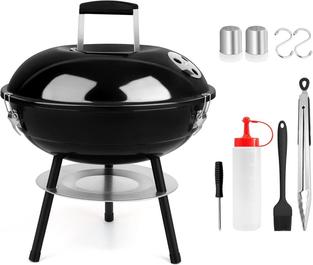 14 Inch Charcoal Grill, HaSteeL Mini Enamel BBQ Grill Set of 9, Portable for Outdoor Cooking Backyard Garden Camping Picnic Barbecue, Include Fork, Brush, Bottle, Salt Shakers, Hooks, Screwdriver