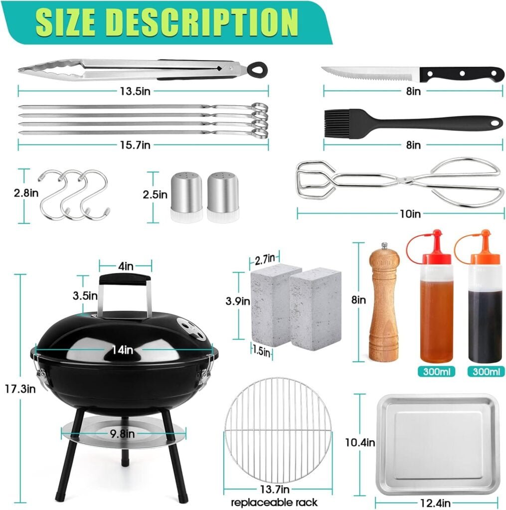 14 Inch Charcoal Grill, HaSteeL Mini Enamel BBQ Grill Set of 9, Portable for Outdoor Cooking Backyard Garden Camping Picnic Barbecue, Include Fork, Brush, Bottle, Salt Shakers, Hooks, Screwdriver
