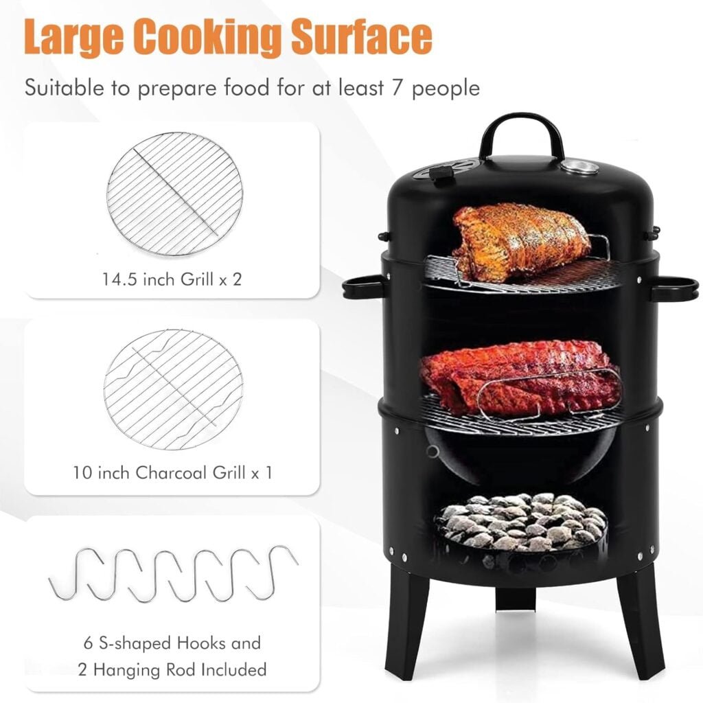 DORTALA 3 in 1 Round Charcoal Smoker, 16’’ Portable BBQ Vertical Smoker w/Thermometer, Hangers,Charcoal Smoker for Grilling, Camping, Black