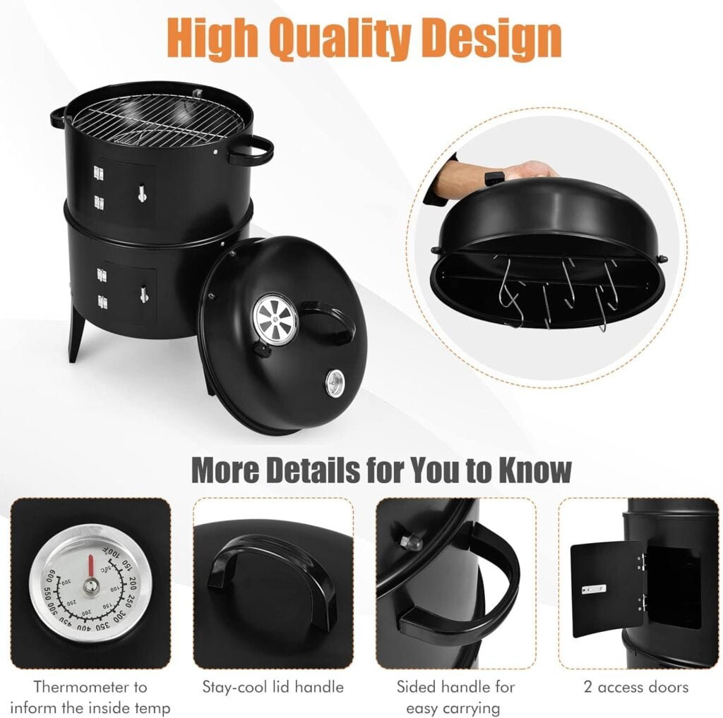 DORTALA 3 in 1 Round Charcoal Smoker, 16’’ Portable BBQ Vertical Smoker w/Thermometer, Hangers,Charcoal Smoker for Grilling, Camping, Black