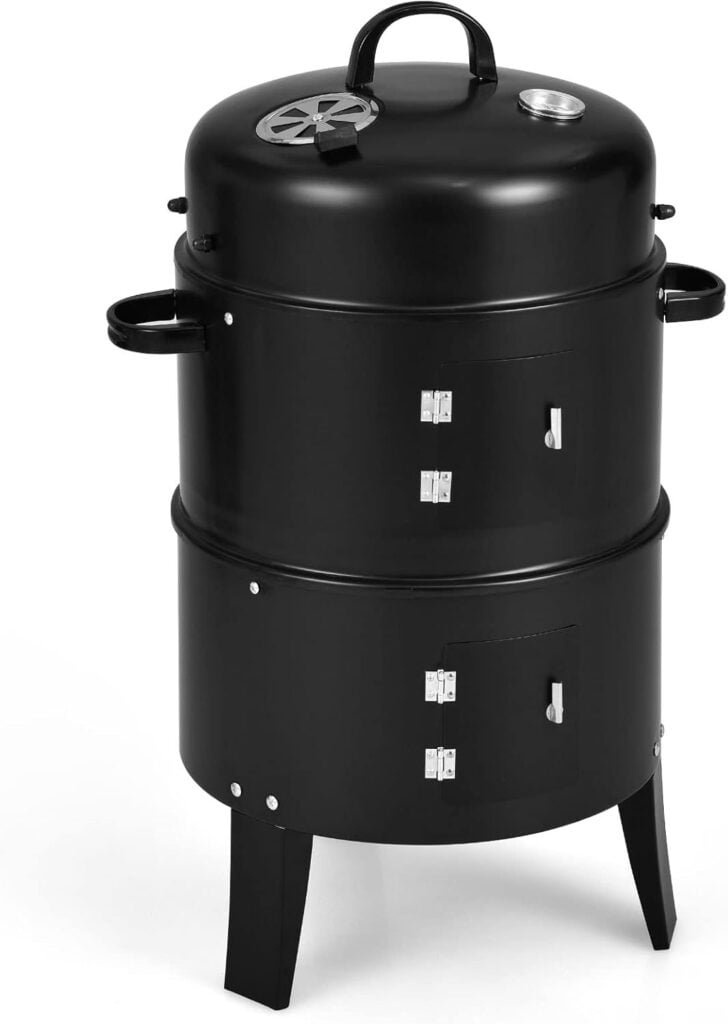 DORTALA 3 in 1 Round Charcoal Smoker, 16’’ Portable BBQ Vertical Smoker w/Thermometer, Hangers,Charcoal Smoker for Grilling, Camping, Black