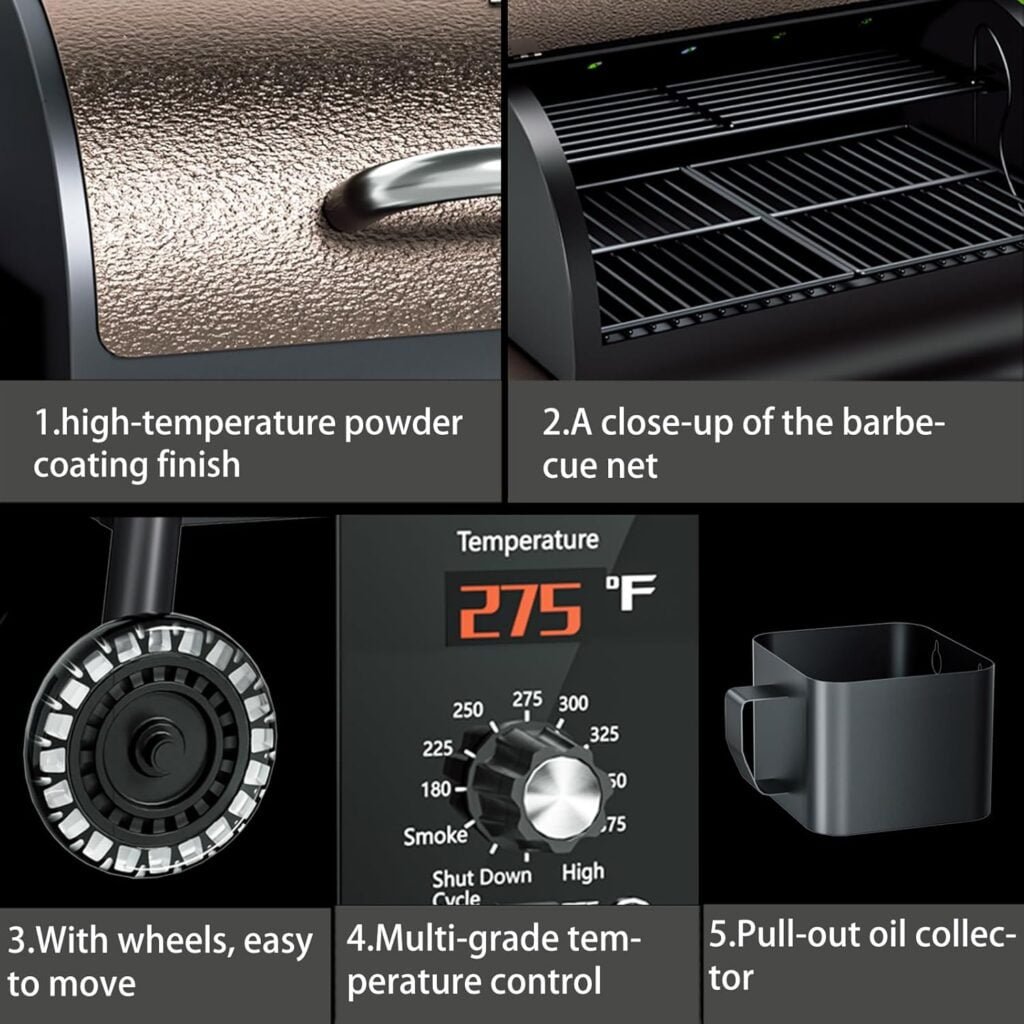 KingChii 456 SQ.IN Pellet Grill Smoker with Side Shelf, BBQ Grill with PID Temperature Control for Outdoor Cooking, BBQ Camping and Patio, Brown(Cover Including) KingChii 456 SQ.IN Pellet Grill Smoker with Side Shelf, BBQ Grill with PID Temperature Control for Outdoor Cooking, BBQ Camping and Patio, Brown(Cover Including)